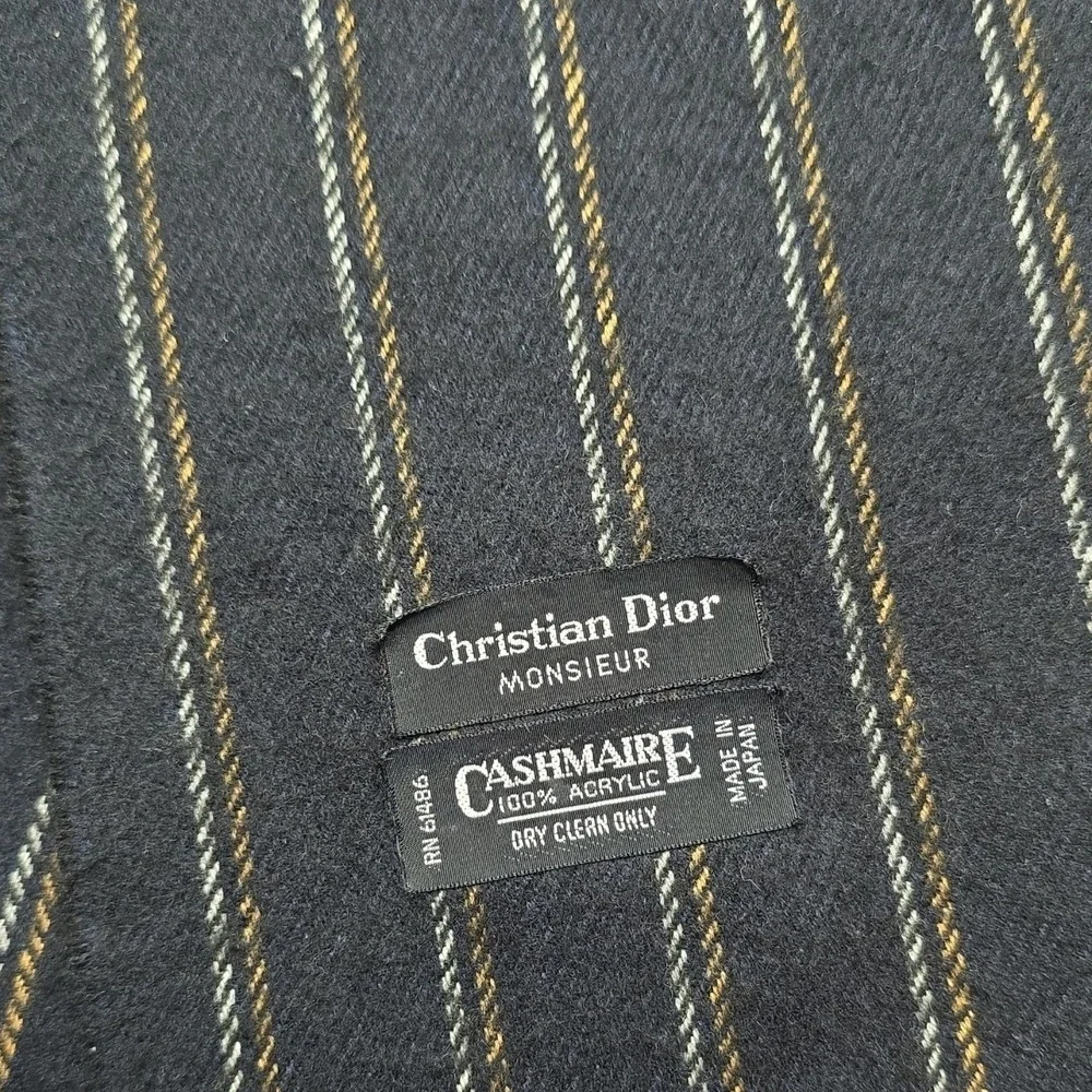 Christian Dior Acrylic Striped Scarf Dark Gray Blue Yellow Fringe RN64886